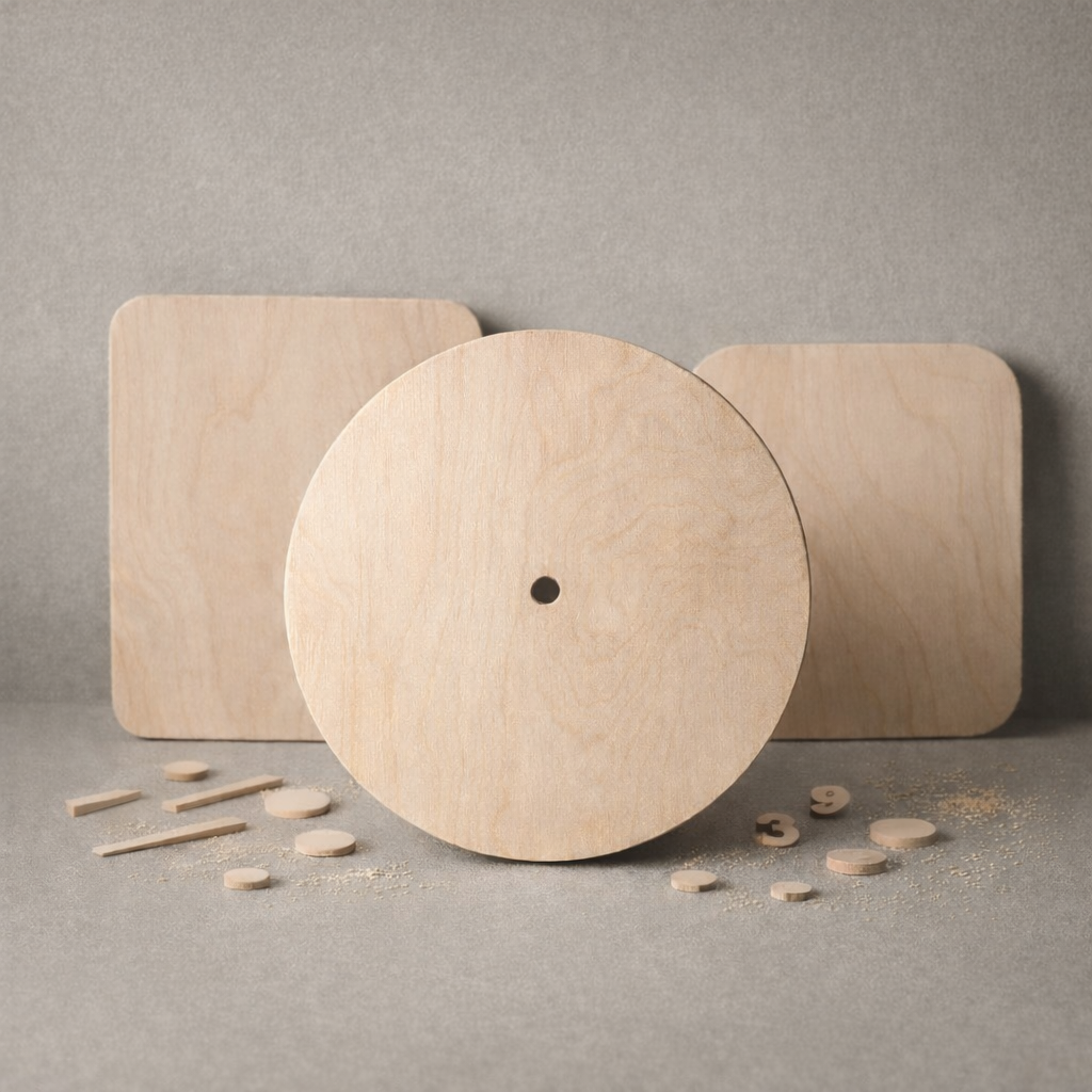 Birch plywood clock faces in round, square and rounded square shapes with DIY clock markers