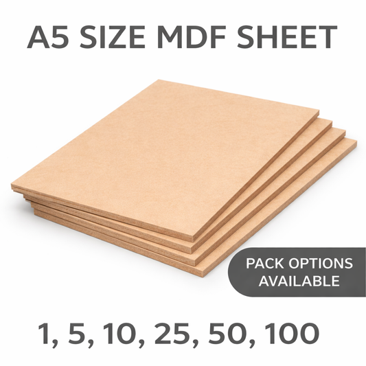 High-quality A5 MDF sheets (3mm thick), precision laser cut and ready for crafts, DIY projects, painting, engraving, and laser cutting. Smooth surface, clean edges, and multiple pack sizes available.