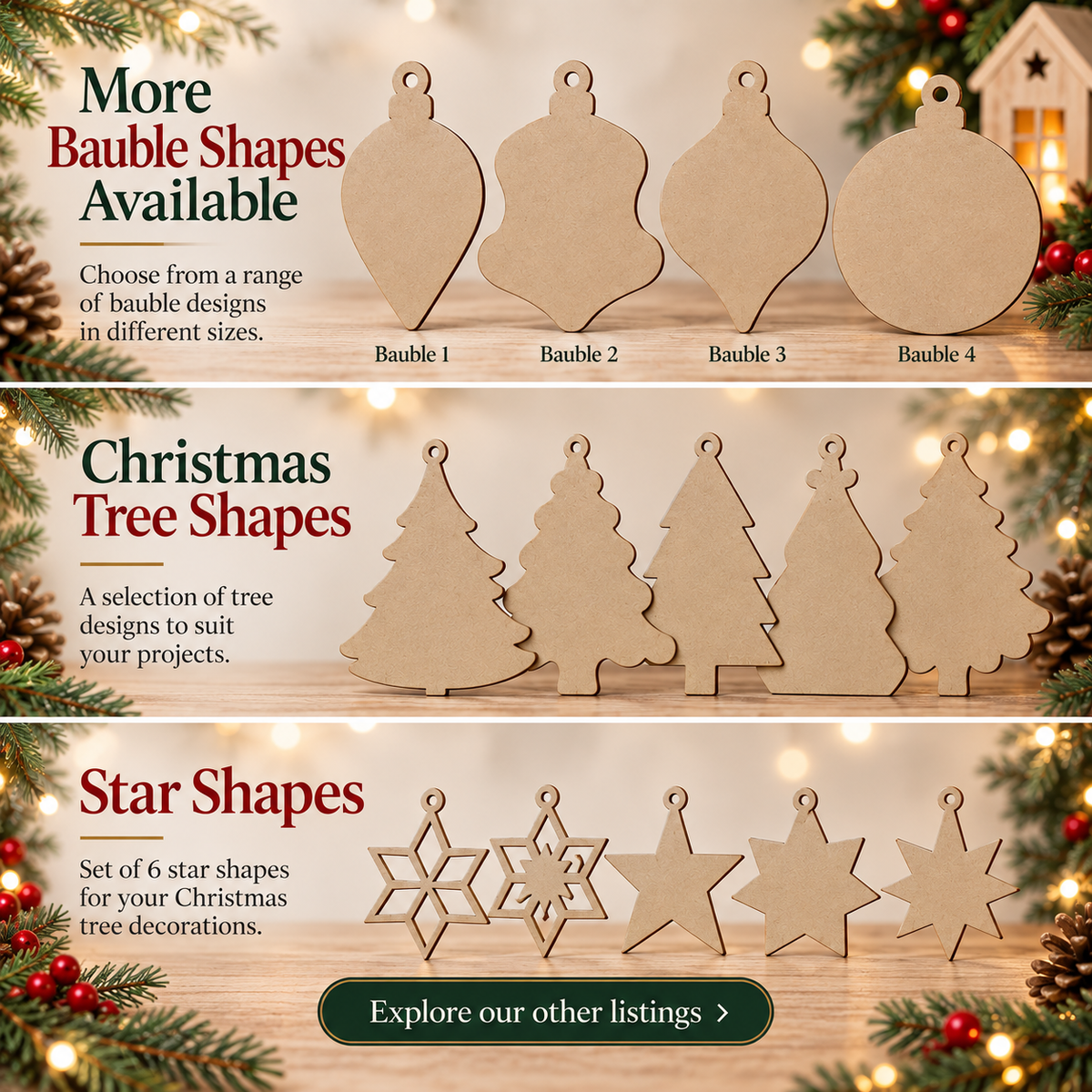 MDF Pointed Christmas Bauble Blank - 2.5cm to 30cm