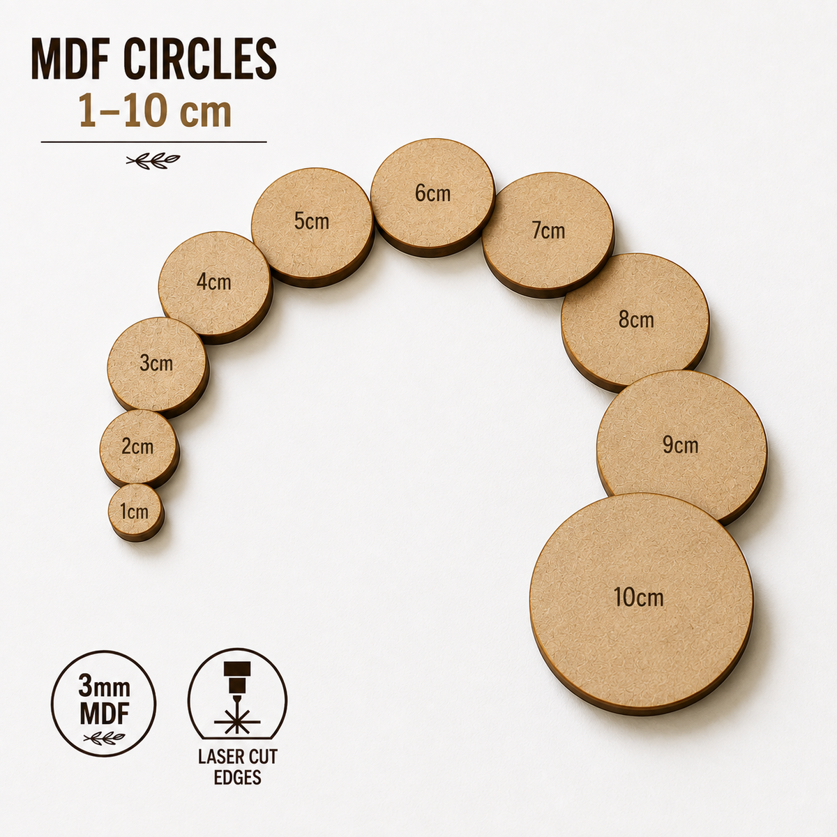 MDF Circle Shapes – Laser Cut 3mm Wood Discs (1cm–10cm) for Crafts & DIY Projects