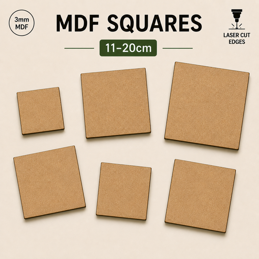 11cm to 20cm Laser-Cut MDF Square Shapes – 3mm Craft Blanks