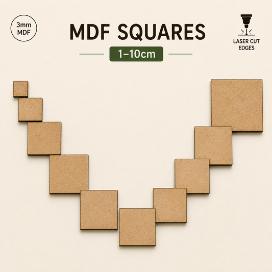 1cm to 10cm Laser-Cut MDF Square Shapes – 3mm Craft Blanks