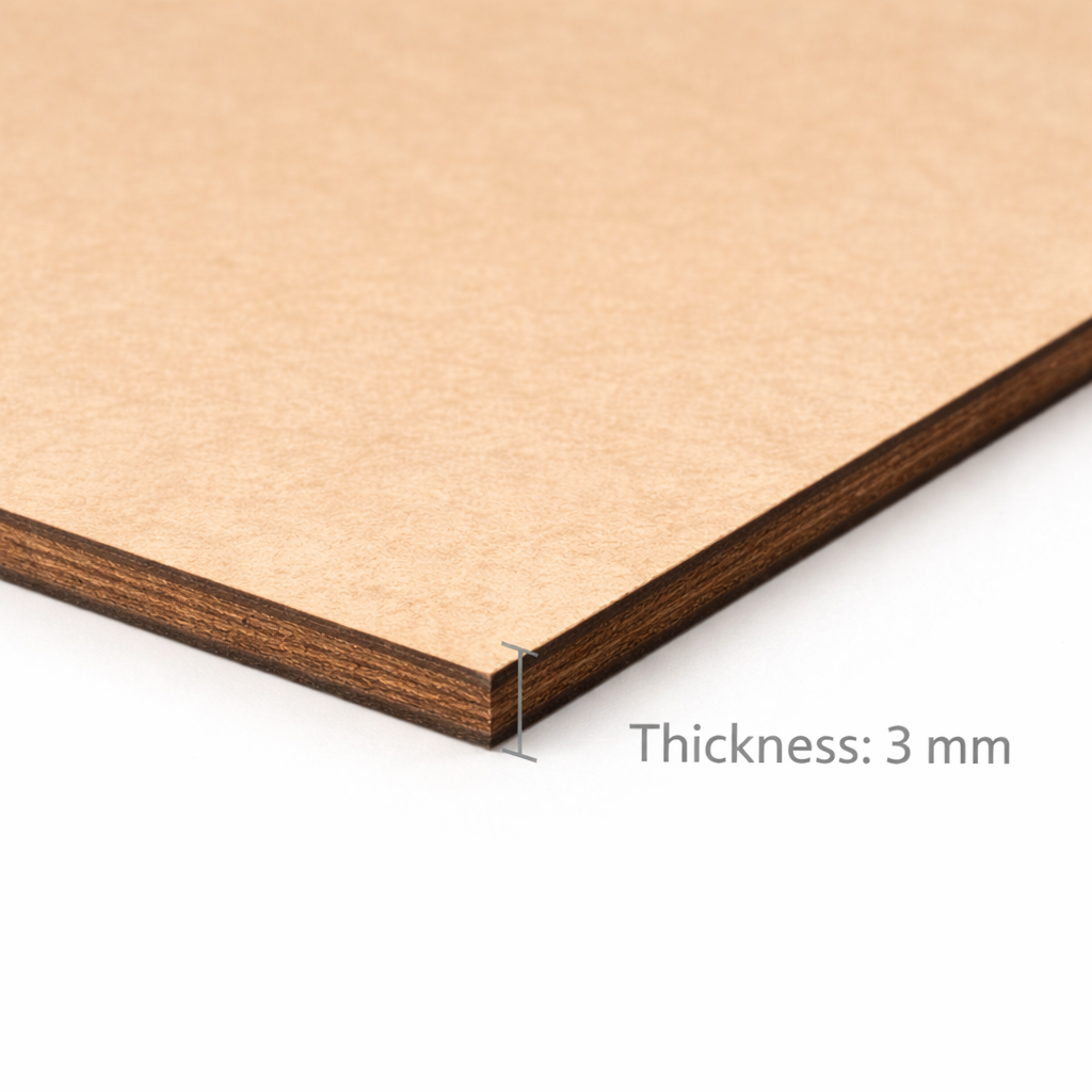 Close-up of A4 MDF sheet showing dark laser-cut burnt edge and 3mm thickness, natural MDF surface
