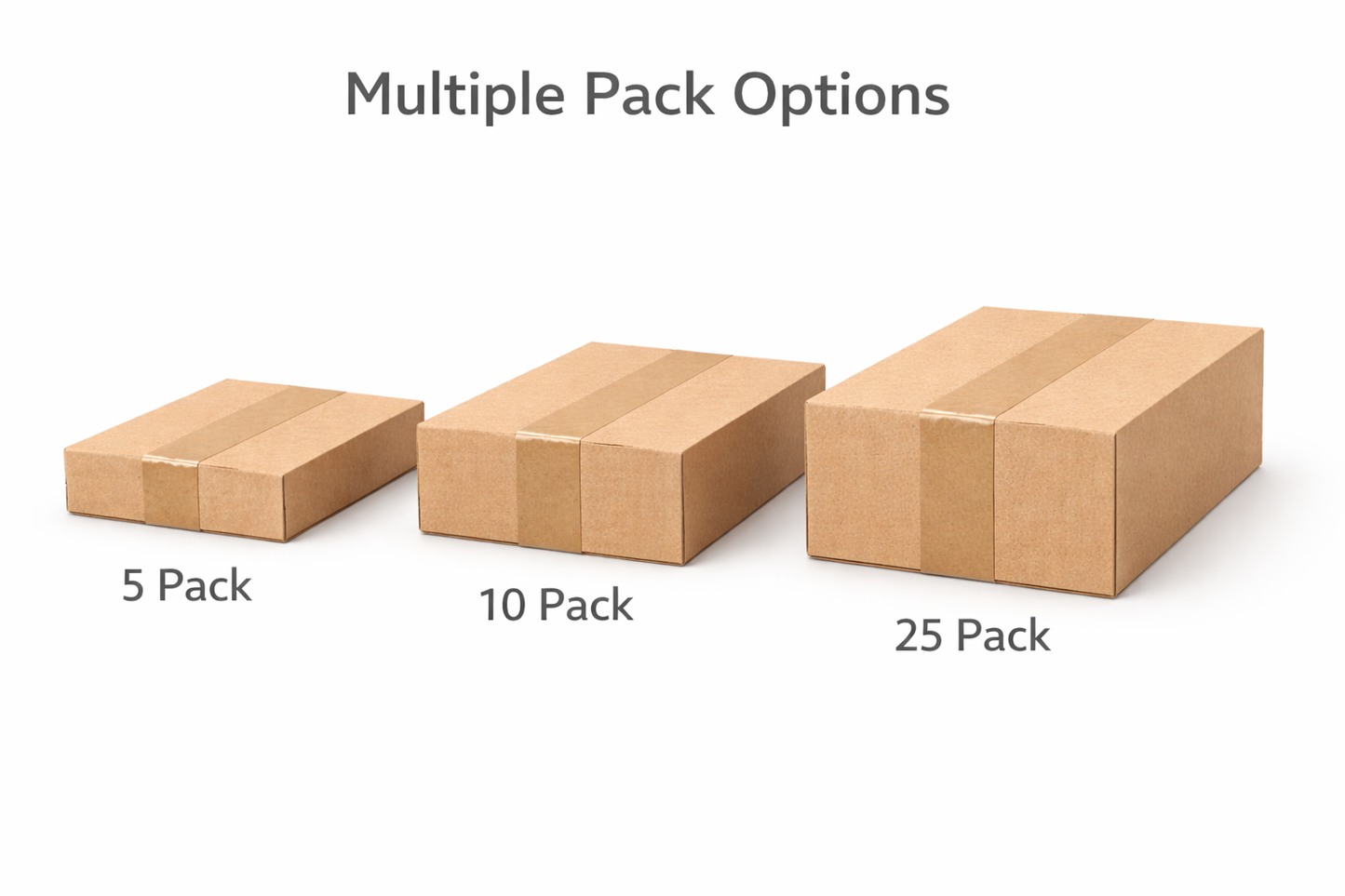 Sealed cardboard packs of A4 MDF sheets shown in different thicknesses to represent 5 pack, 10 pack and 25 pack quantity options