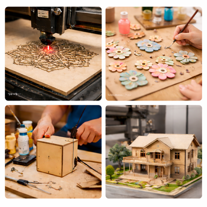 Collage showing A4 MDF sheets used for laser cutting, crafts and painting, DIY projects, and CNC model making applications