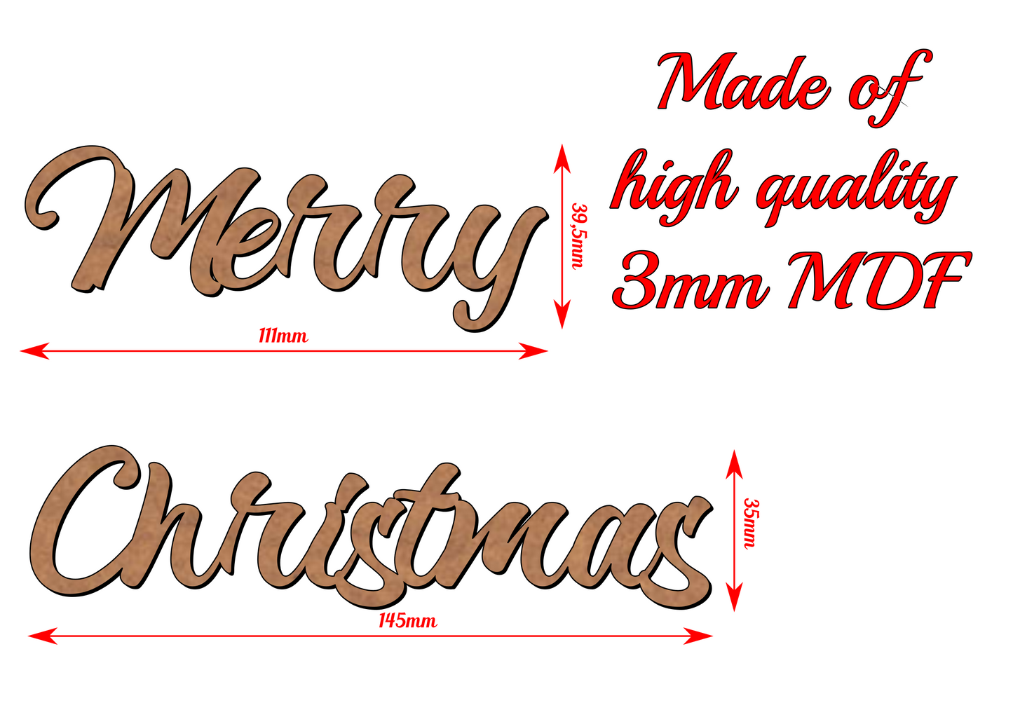 Merry Christmas Wooden Word Inscription - 3mm MDF - v3