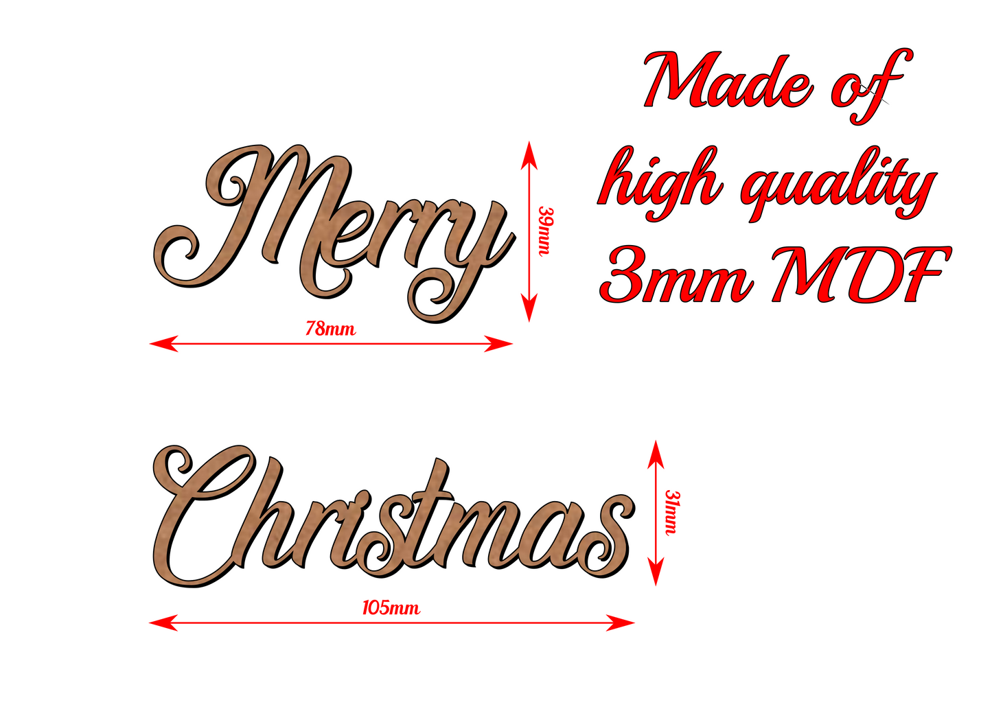 Merry Christmas Wooden Word Inscription - 3mm MDF - v4