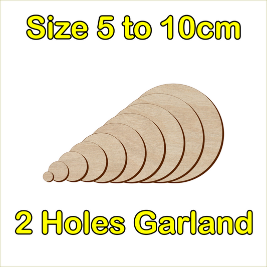 5cm to 10cm Circle Shape - 2 Holes Garland - 3mm Baltic Birch Plywood