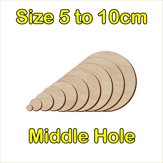 5cm to 10cm Circle Shape - Middle Hole - 3mm Baltic Birch Plywood