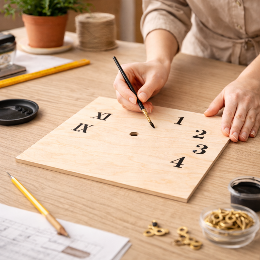 Woman decorating a square birch plywood clock face by hand, DIY clock project