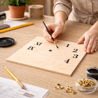 Woman decorating a square birch plywood clock face by hand, DIY clock project