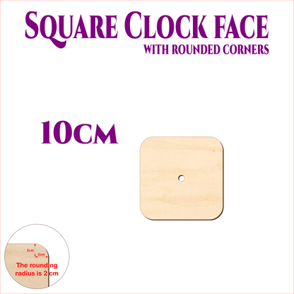 Square wooden clock face with rounded corners, 10 cm size, made from birch plywood, showing 2 cm corner radius