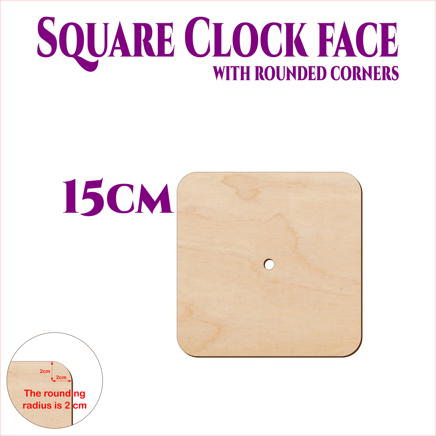 Square wooden clock face with rounded corners, 15 cm size, made from birch plywood, showing 2 cm corner radius