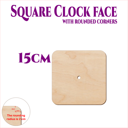Square wooden clock face with rounded corners, 15 cm size, made from birch plywood, showing 2 cm corner radius