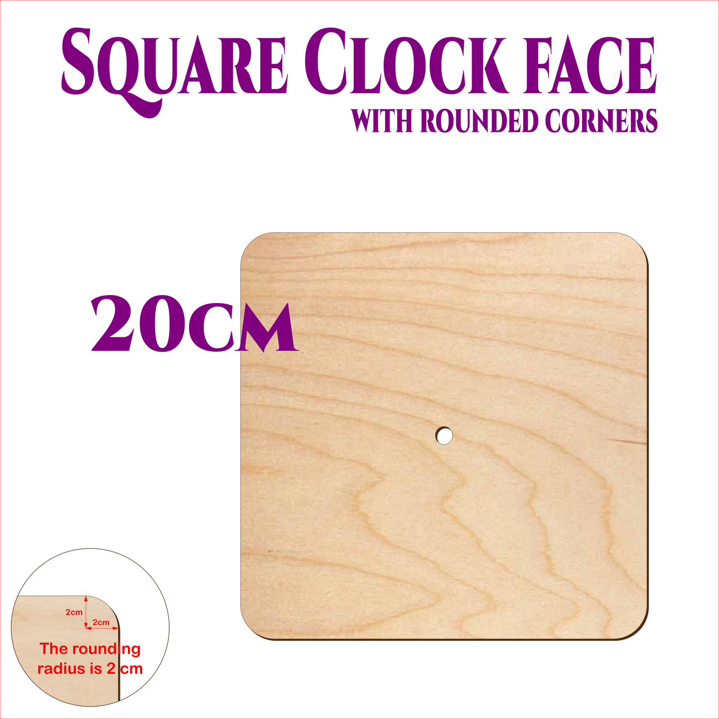 Square wooden clock face with rounded corners, 20 cm size, made from birch plywood, showing 2 cm corner radius