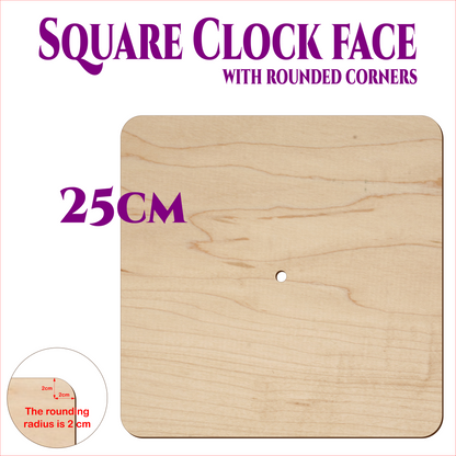 Square wooden clock face with rounded corners, 25 cm size, made from birch plywood, showing 2 cm corner radius