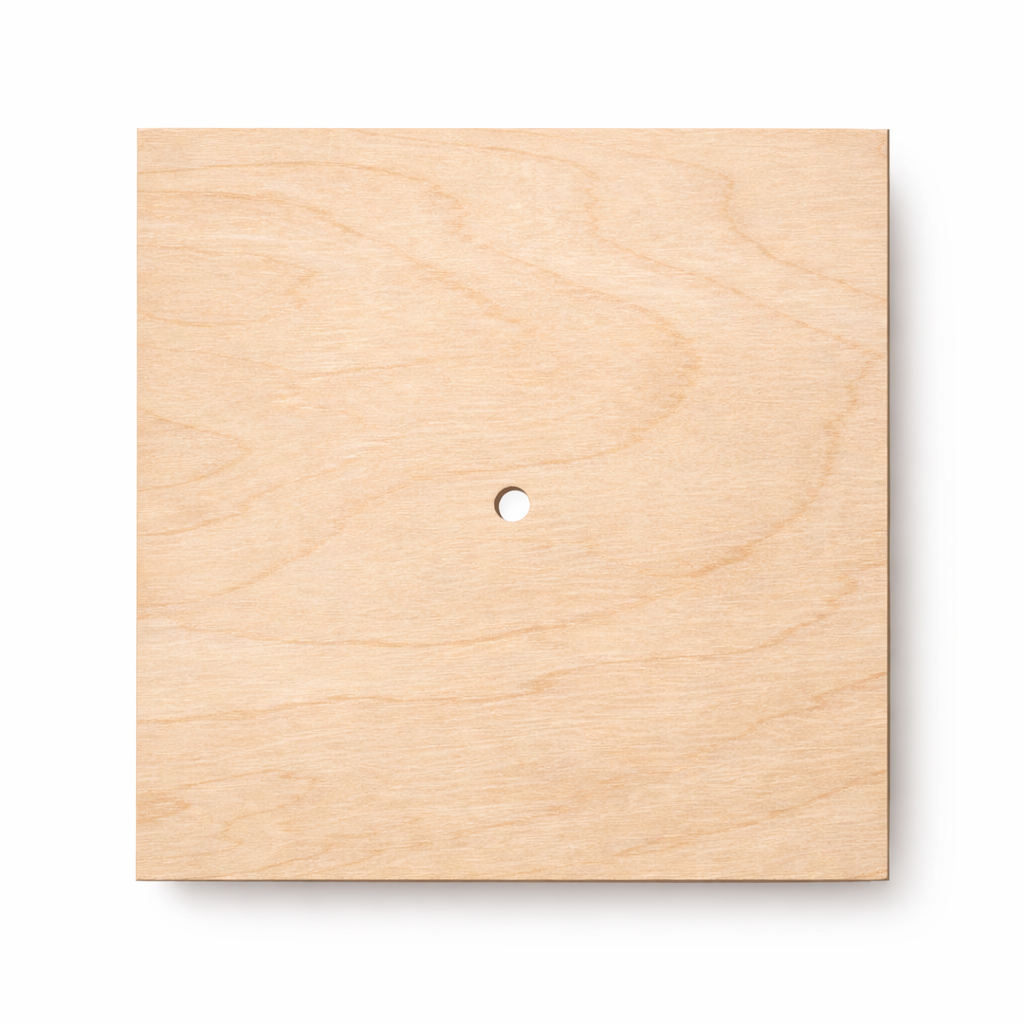 Square wooden clock face made from natural birch plywood with central hole for clock mechanism