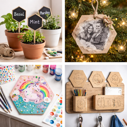 Collage showing creative uses of hexagon wooden craft shapes: plant markers in pots, hanging photo ornament, children’s painted craft project and wooden wall organiser made from birch plywood