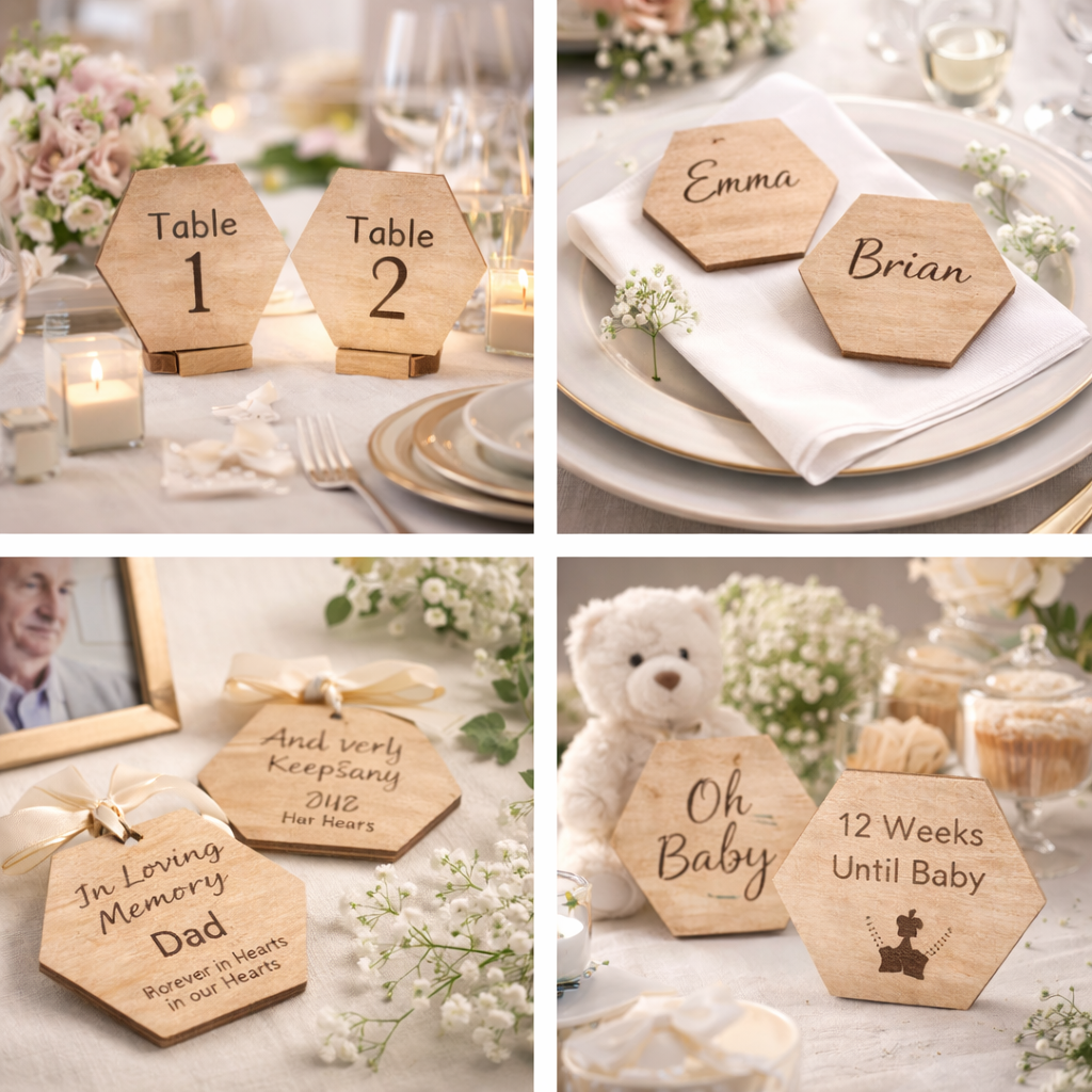 Collage showing hexagon wooden craft shapes used for events and celebrations, including wedding table numbers, place name cards, memorial keepsakes and baby shower decorations made from birch plywood