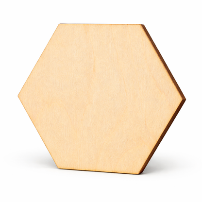 Single hexagon wooden craft shape made from laser cut birch plywood with natural brown edges on a white background