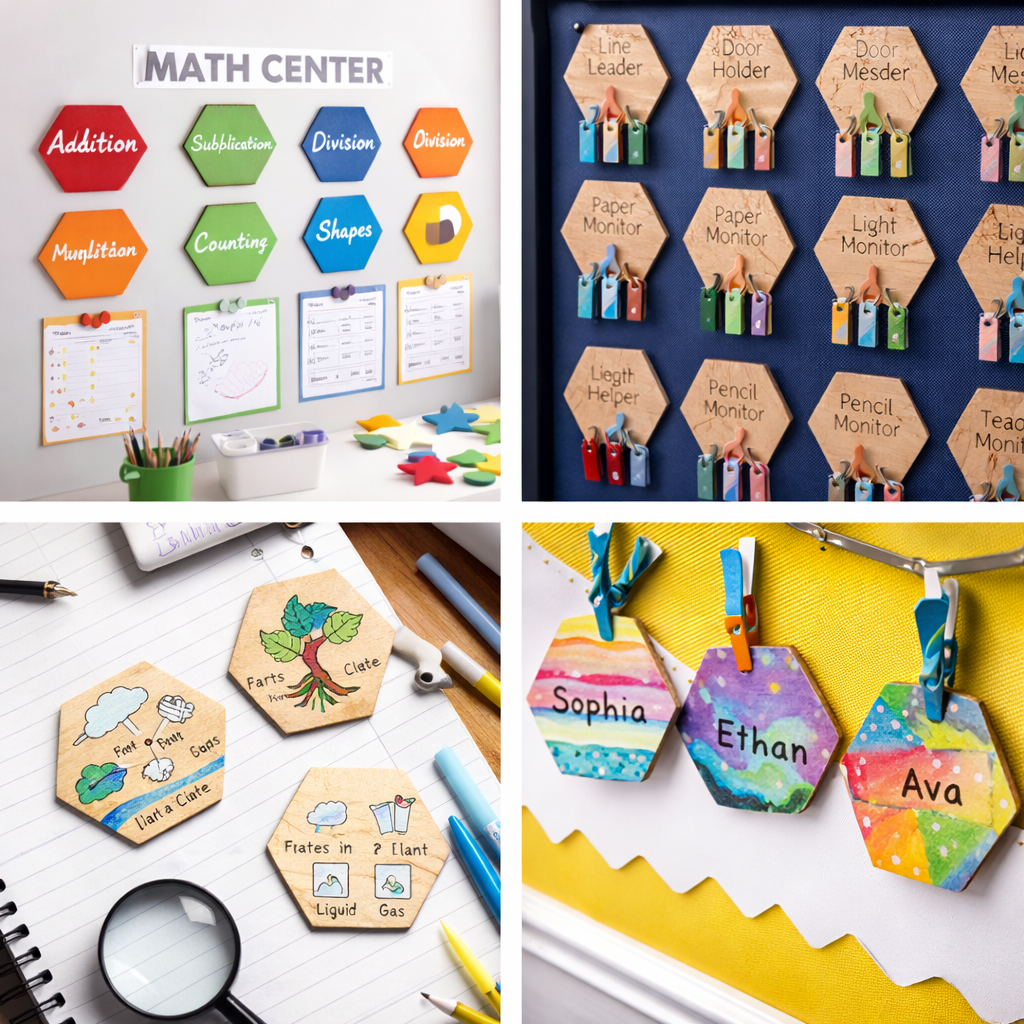 Collage showing educational uses of hexagon wooden craft shapes in a classroom: learning wall displays, student responsibility boards, science learning cards and personalised name tags made from birch plywood