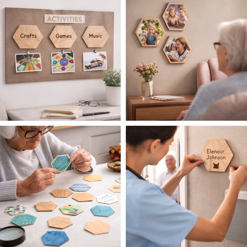 Collage showing uses of hexagon wooden craft shapes in a senior living environment, including activity boards, family photo displays, hands-on craft activities and personalised name signs made from birch plywood