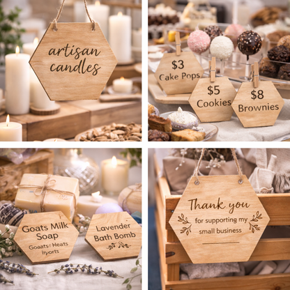 Collage showing hexagon wooden craft shapes used for small business displays, including hanging signs, price tags, product labels and thank-you signs made from birch plywood
