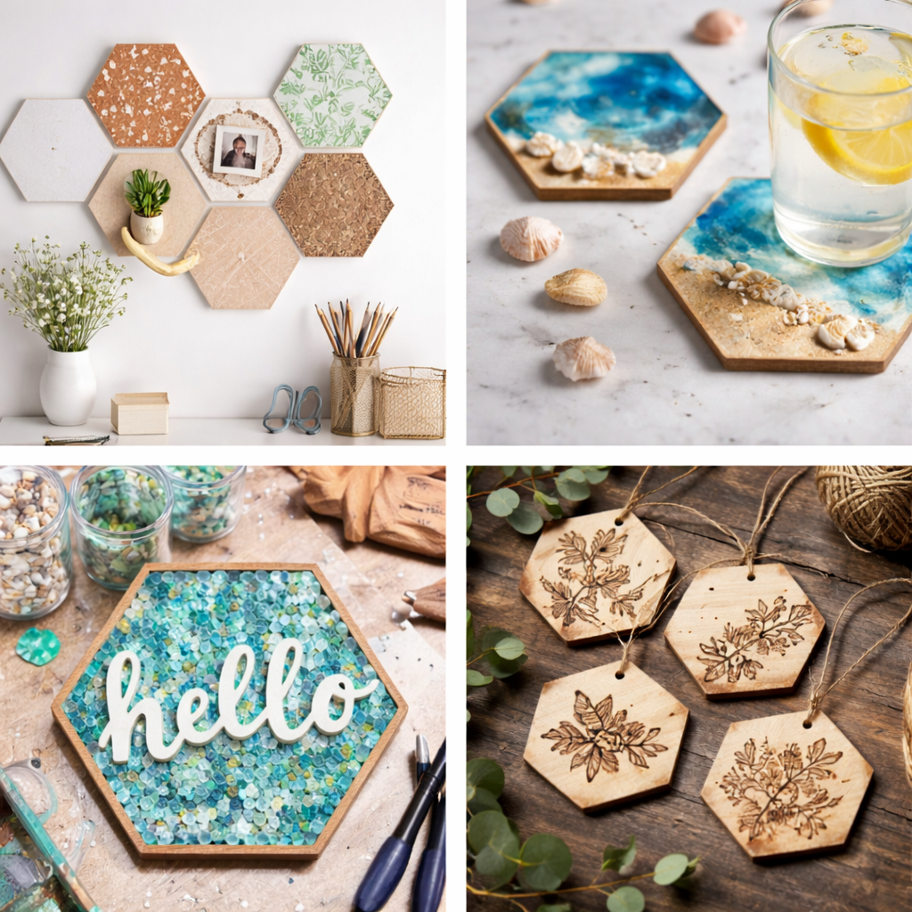Collage of four hexagon craft ideas: top-left hexagon wall display with mixed textures; top-right pair of hexagon resin coasters with sea-shell decor; bottom-left hexagon mosaic sign with “hello” script; bottom-right laser-engraved hexagon wooden gift tags on twine.