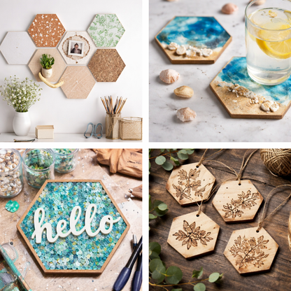 Collage of four hexagon craft ideas: top-left hexagon wall display with mixed textures; top-right pair of hexagon resin coasters with sea-shell decor; bottom-left hexagon mosaic sign with “hello” script; bottom-right laser-engraved hexagon wooden gift tags on twine.