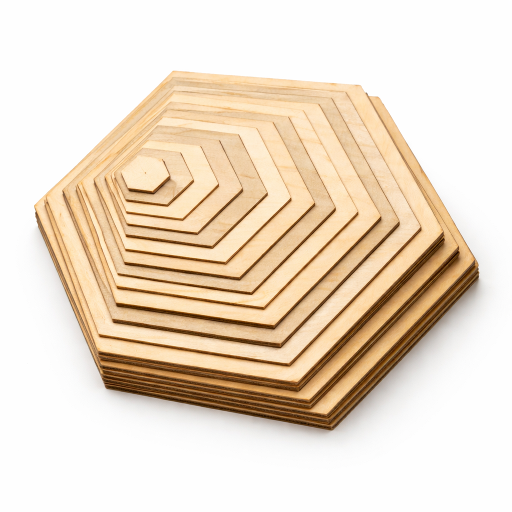 Stack of laser cut hexagon wooden craft shapes in multiple sizes made from birch plywood on a white background