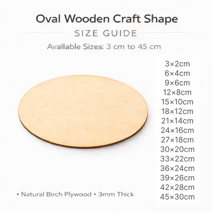 Oval wooden craft shape size guide showing available sizes in centimetres