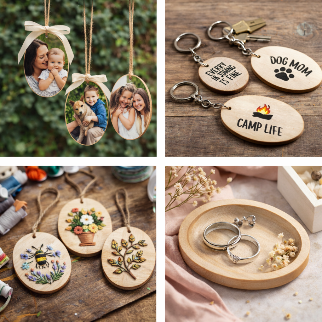 Oval birch plywood craft shapes shown in personalised and decorative DIY projects