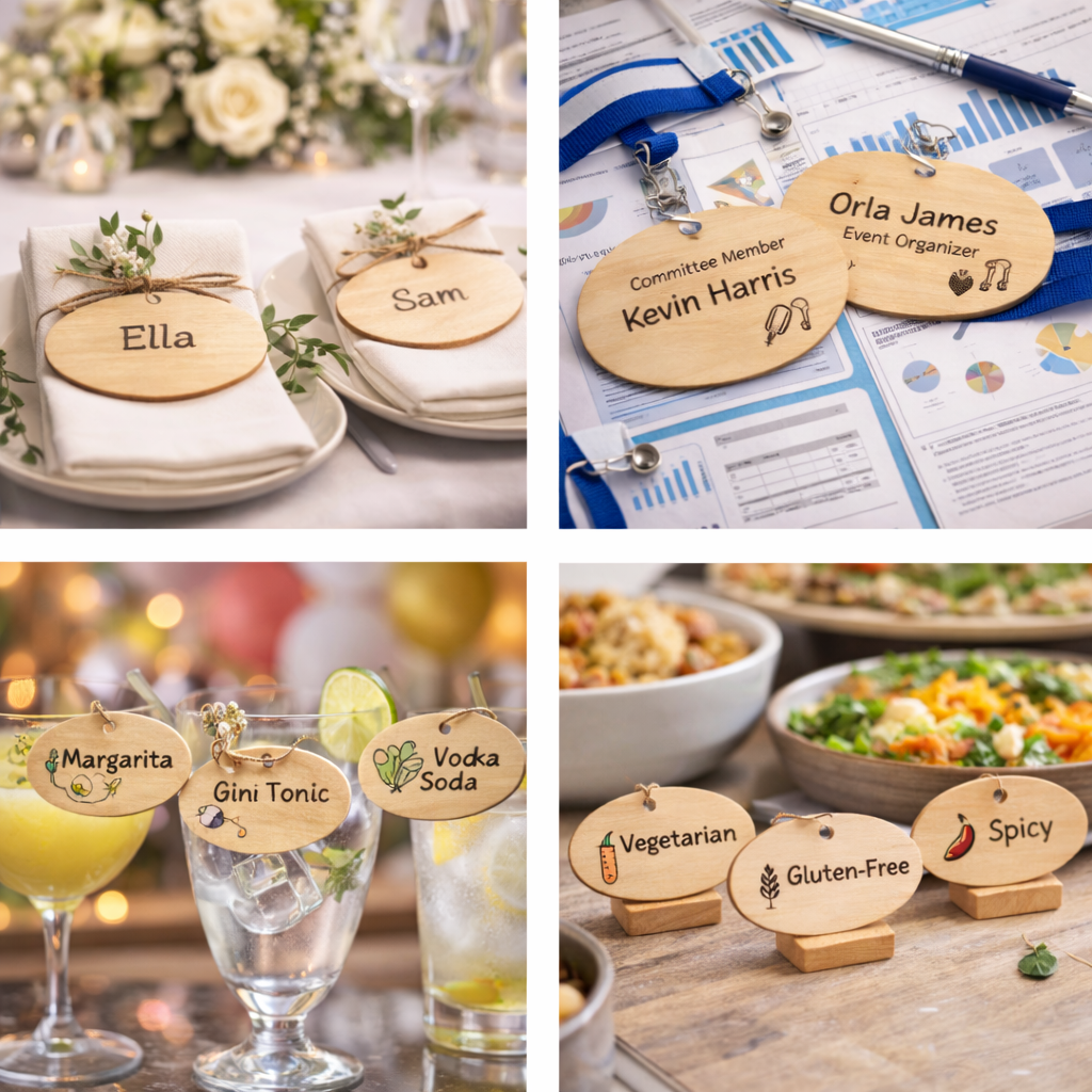 Oval birch plywood craft shapes used at weddings, parties, conferences and events