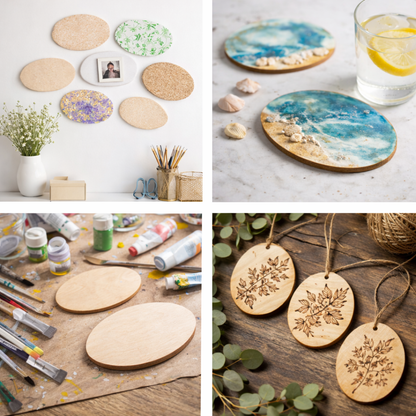 Oval birch plywood craft shapes shown in various DIY and creative applications