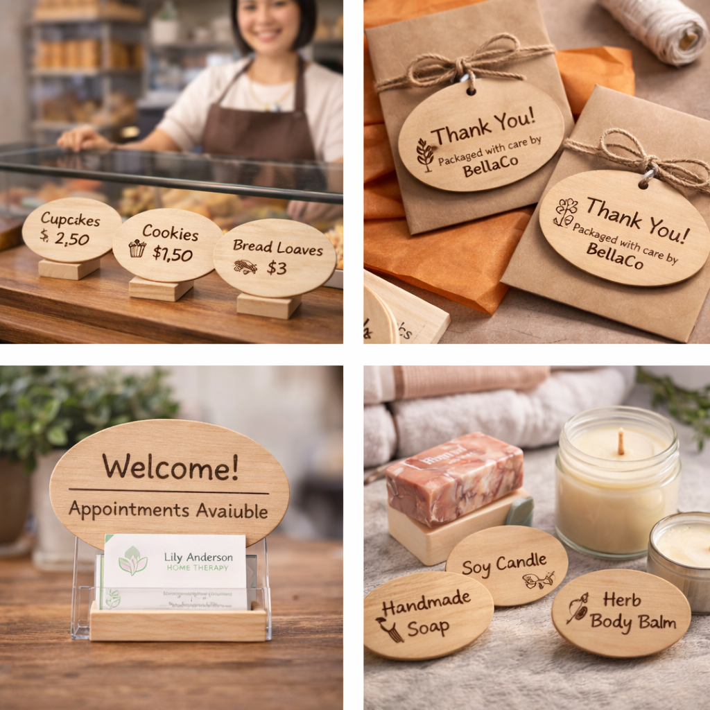 Oval birch plywood craft shapes used for small business signage, labels and packaging