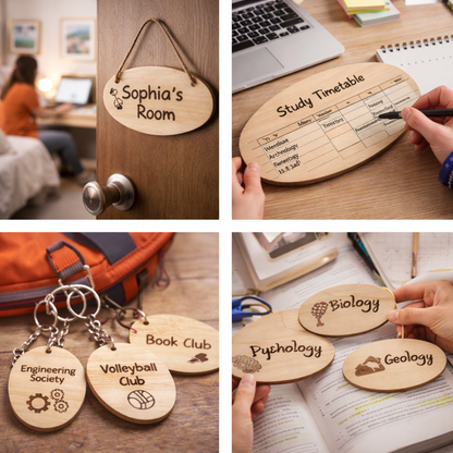Oval birch plywood craft shapes used in student and university applications