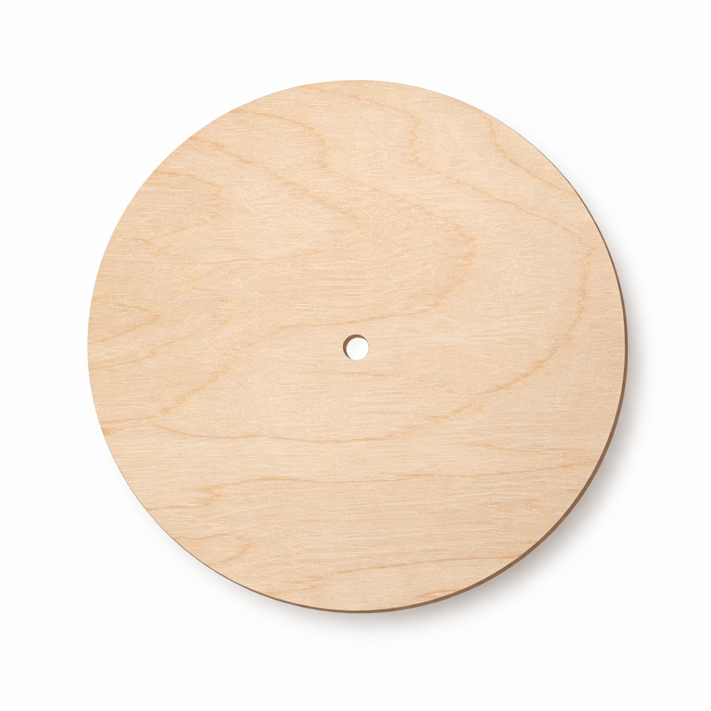 Round wooden clock face made from 3mm birch plywood with centre hole
