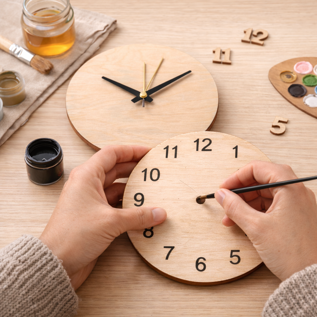 Round wooden clock face with centre hole paiting, birch plywood

