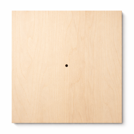 50 cm square birch wooden clock face with vertical wood grain and small laser-cut center hole, isolated on white background