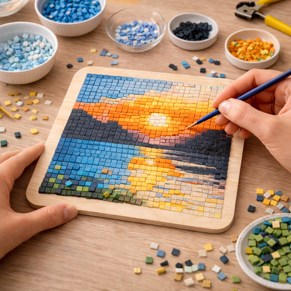 Creating a mosaic picture on a square wooden clock face with rounded corners using small coloured tiles