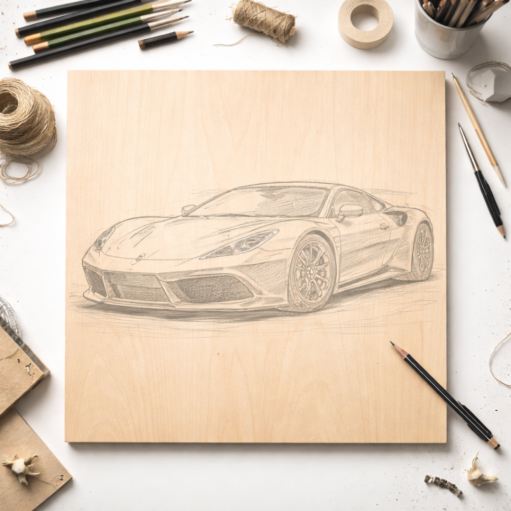 Square 50 cm wooden clock face with pencil sketch of a sports car, shown as a DIY design project on a white workspace with drawing tools
