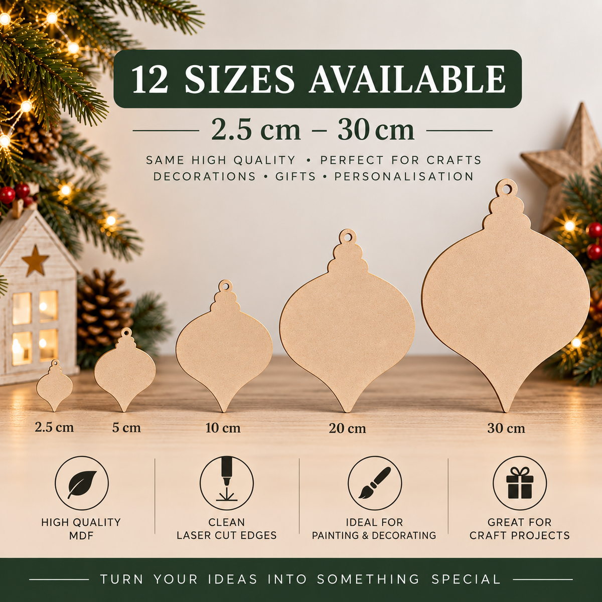 MDF Pointed Christmas Bauble Blank - 2.5cm to 30cm