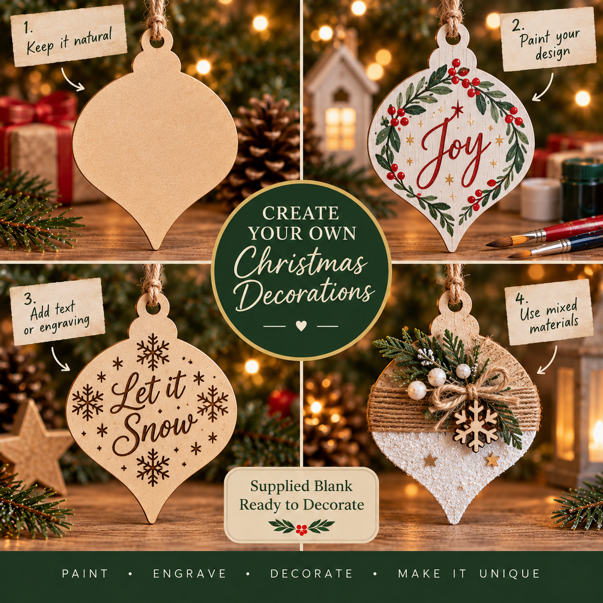 MDF Pointed Christmas Bauble Blank - 2.5cm to 30cm