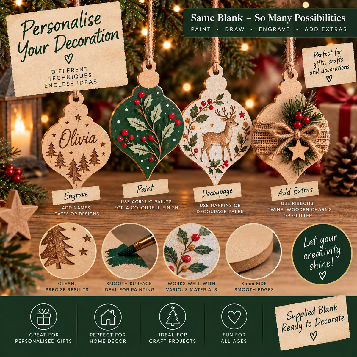 MDF Pointed Christmas Bauble Blank - 2.5cm to 30cm