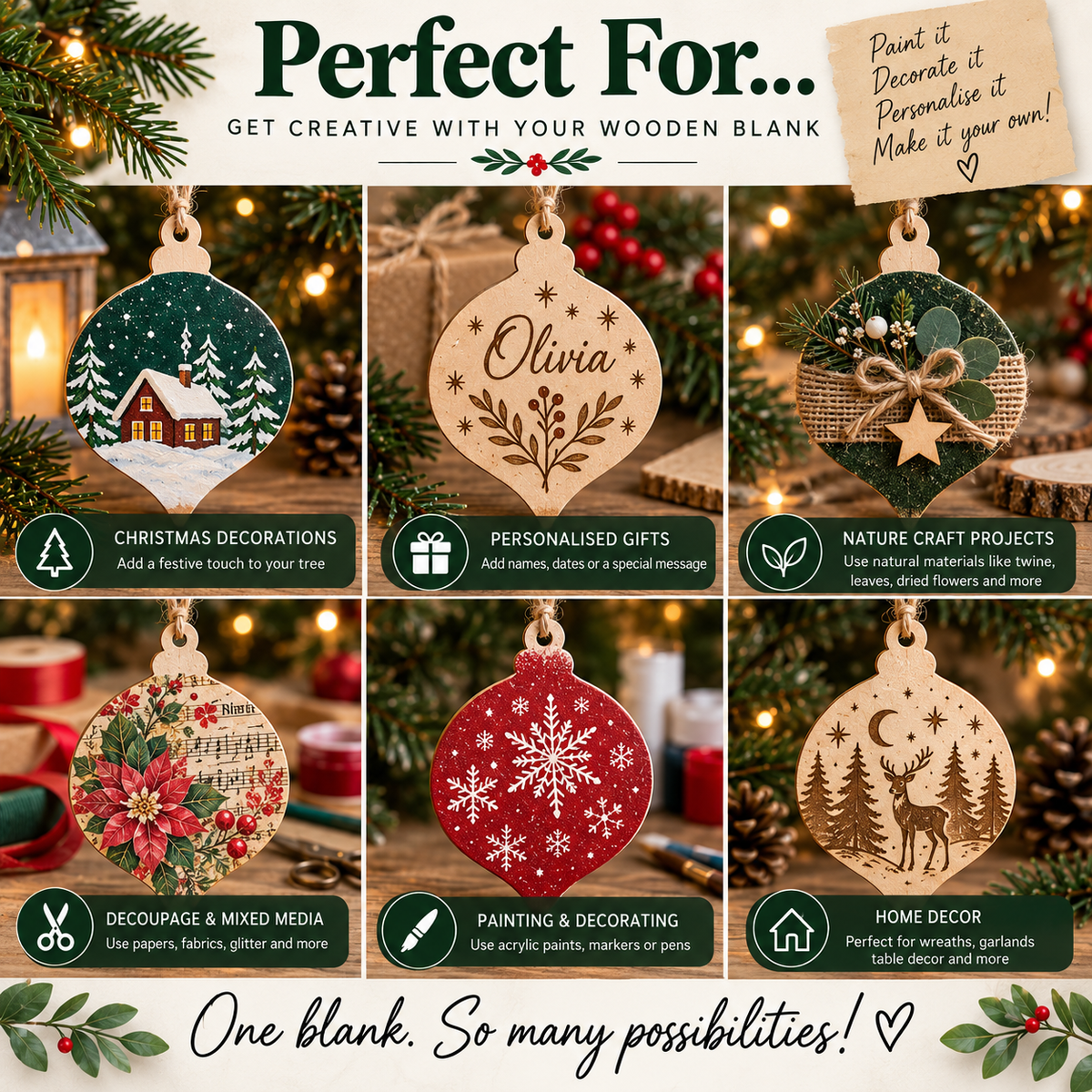 MDF Pointed Christmas Bauble Blank - 2.5cm to 30cm