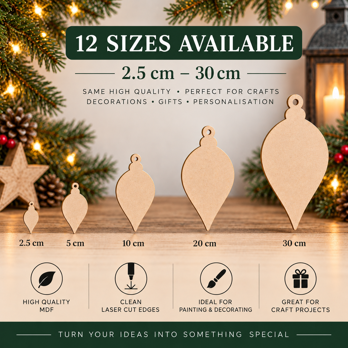 MDF Pointed Christmas Bauble Blank - 2.5 cm to 30 cm
