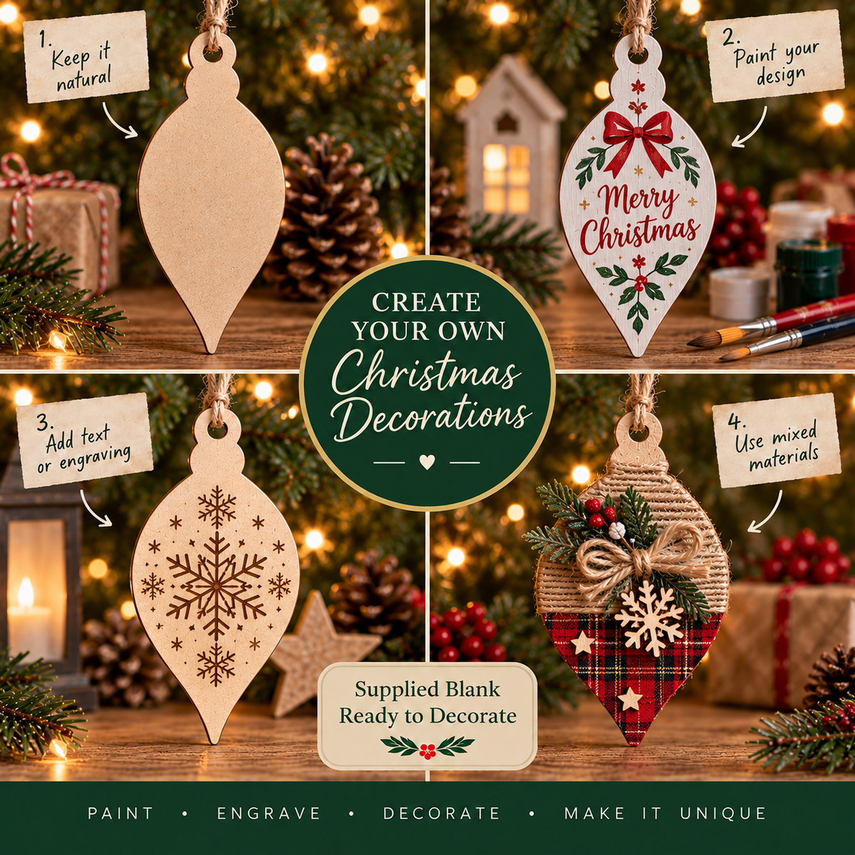 MDF Pointed Christmas Bauble Blank - 2.5 cm to 30 cm