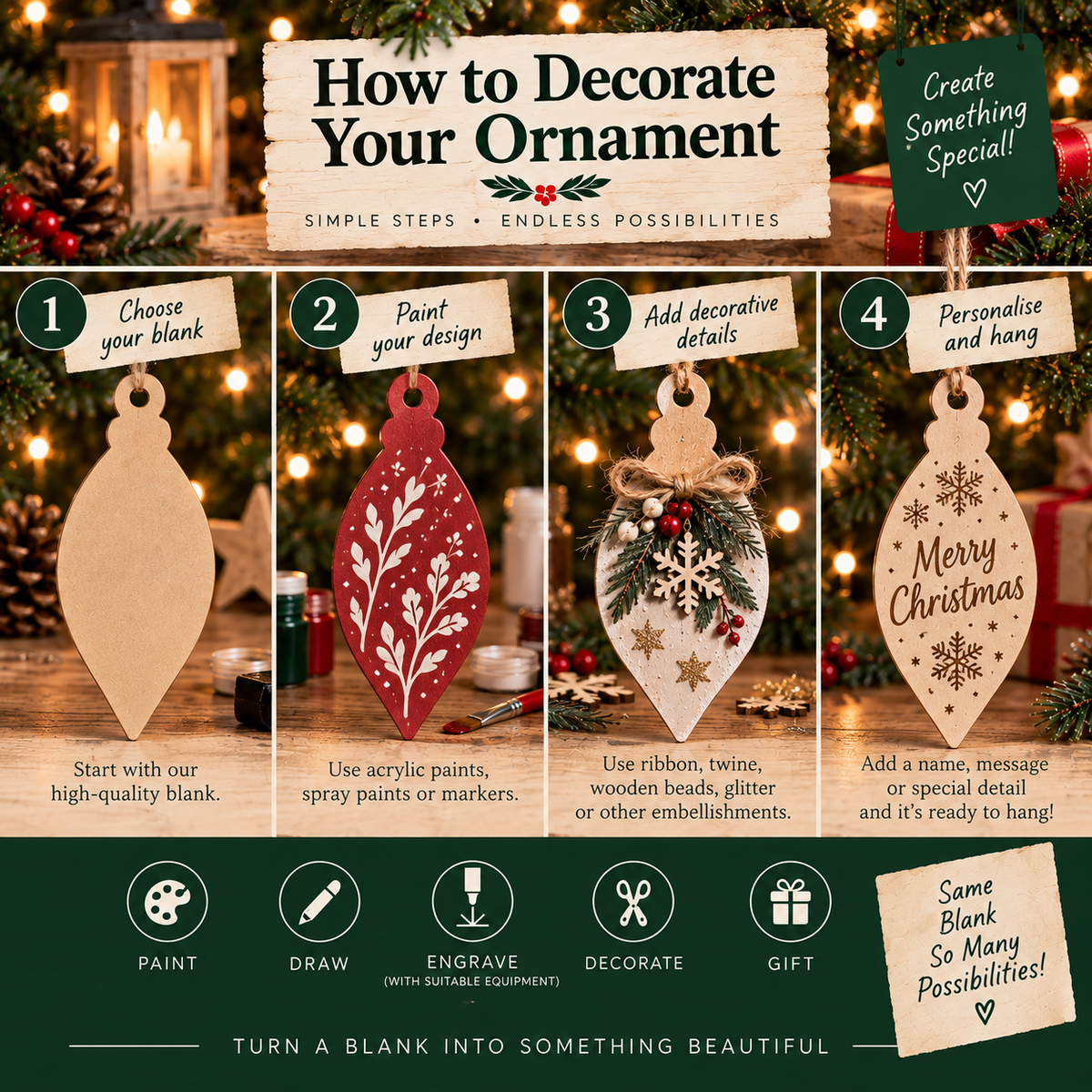 MDF Pointed Christmas Bauble Blank - 2.5 cm to 30 cm
