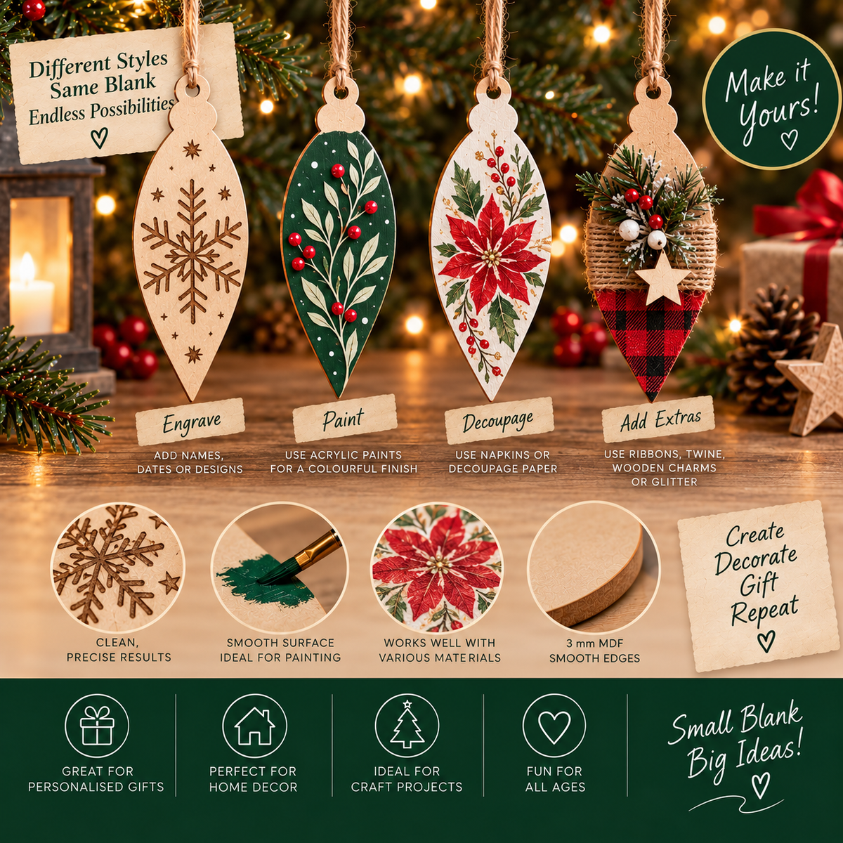 MDF Pointed Christmas Bauble Blank - 2.5 cm to 30 cm