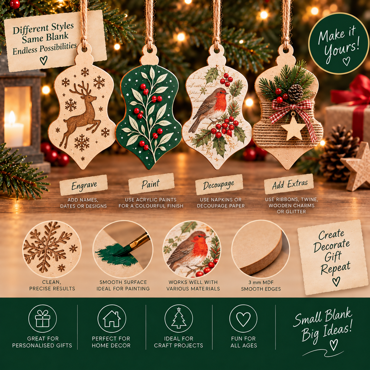 MDF Ornate Christmas Bauble Blank - 2.5cm to 30cm